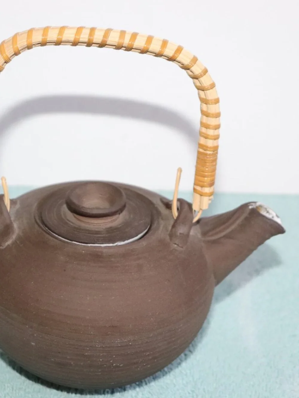 Vintage Handmade Earthenware Teapot Bamboo Handle Rustic Folk Art Pottery